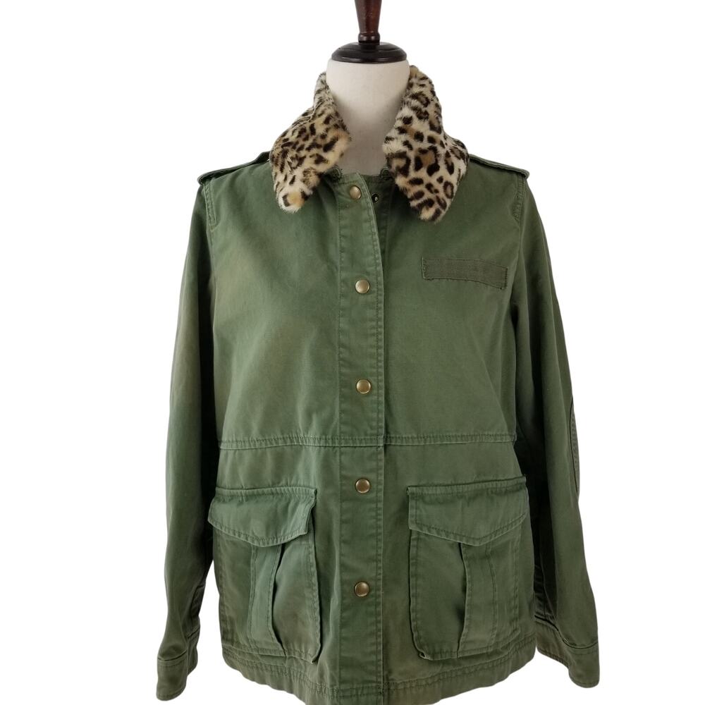Gap Green Utility Jacket Removeable Leopard Faux Fur Collar Pockets Nice Size S